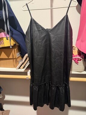 Express Black Faux Leather Mini Slip Dress with Ruffle Hem